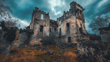 Crumbling Stone Ruins, Overgrown with Moss and Wild Vegetation, Evoking History, Decay, and the Passage of Time in a Dramatic Landscape.