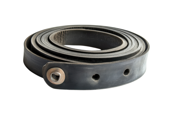 A well-worn rubber belt coiled neatly on a light background, showcasing its durability and function