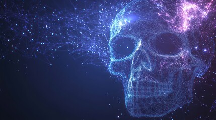Digital Skull Disintegrating, Dark Background, Abstract, Futuristic Design