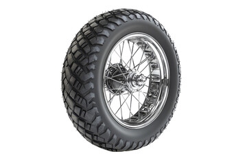 Obraz premium Motorcycle front wheel with knobby tire, spoked rim and disc brake, black rubber and metal bike part PNG isolated on Transparent Background