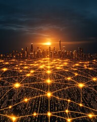 Futuristic network connection over city skyline.