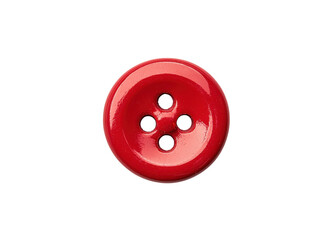 Fototapeta premium Red sewing button with four holes on transparent background. Close up of a haberdashery item.