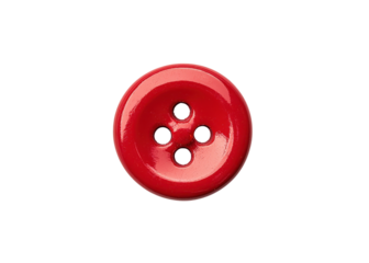 Red sewing button with four holes on transparent background. Close up of a haberdashery item.