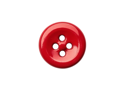 Red sewing button with four holes on transparent background. Close up of a haberdashery item.