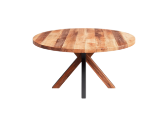 Round wooden table with a metal base, isolated on white. Modern furniture design for dining or living room. Interior design element.