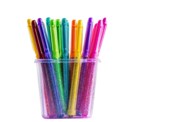 Colorful glitter gel pens arranged in a transparent cup against a light background