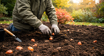 Gardener Planting Bulbs in Autumn Soil for Spring Bloom Season