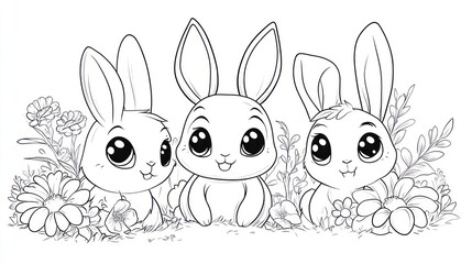 Cute cartoon bunnies in flowers, coloring page, spring, Easter, kids, printable, animals, illustration