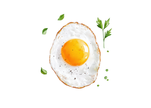 Watercolor illustration of a fried egg with herbs. Food illustration for breakfast, menu, or recipe. - Powered by Adobe
