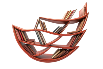A creative bookcase design with undulating shelves holding various books in a modern artistic style