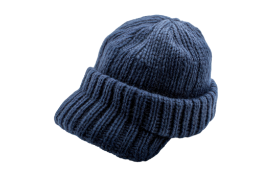 Cozy knitted navy hat resting on a white background, perfect for chilly winter days ahead