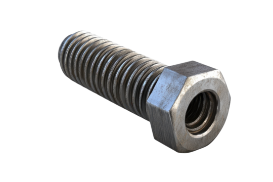 Detailed close-up of a metal bolt resting on a clean white surface showcasing its texture and form