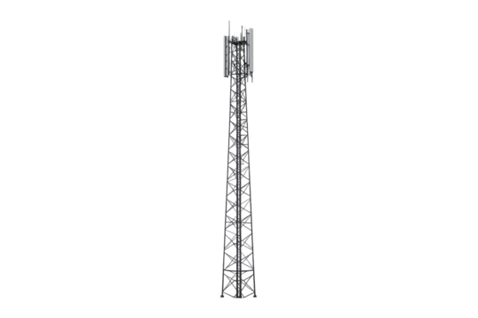 A lone tower rises against a white backdrop, symbolizing connectivity and tech