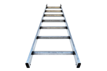 A sturdy metal ladder standing tall against a bright white background during a clear day
