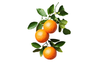 Three oranges on a branch with green leaves, isolated on white. Fresh citrus fruit. Healthy eating concept.