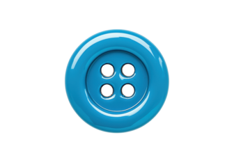 Close up of a blue sewing button with four holes on a transparent background.