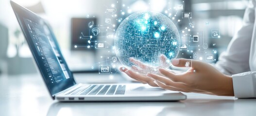 Holographic Globe Held in Hands Over Laptop