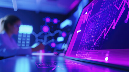 futuristic workspace with glowing data visualizations and person analyzing information. atmosphere is high tech and vibrant