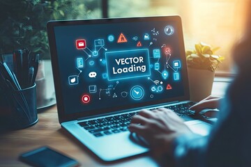 Vector loading on laptop screen.  A person is working on a laptop displaying a vector loading screen with various icons