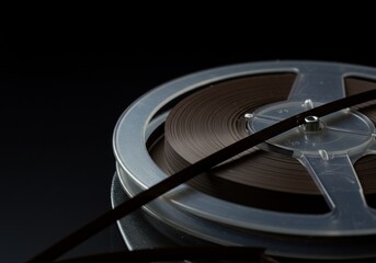 A silver and black film reel with a black background AI generated.