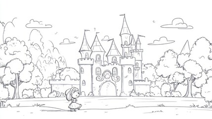 Obraz premium Princess Walking Towards Castle in Cartoon Landscape