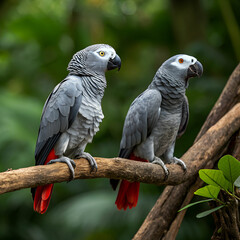 Two African Grey Parrots are sitting on a branch, showcasing bright colors and detail.