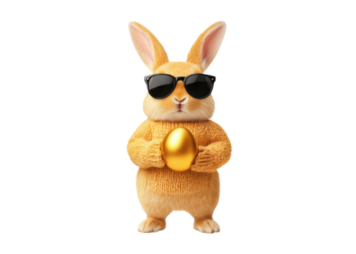 Cool Easter bunny with sunglasses and a golden egg. Concept for Easter, spring, and holidays.