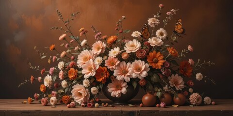  Earthy Elegance Flowers, Butterfly Dark Backdrop Create a Twilight Terracotta Scene.
