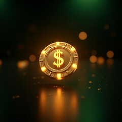 golden neon 3D chip with dollar sign on dark background