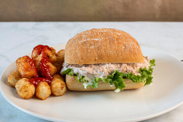 tuna salad sandwich  with tater tots
