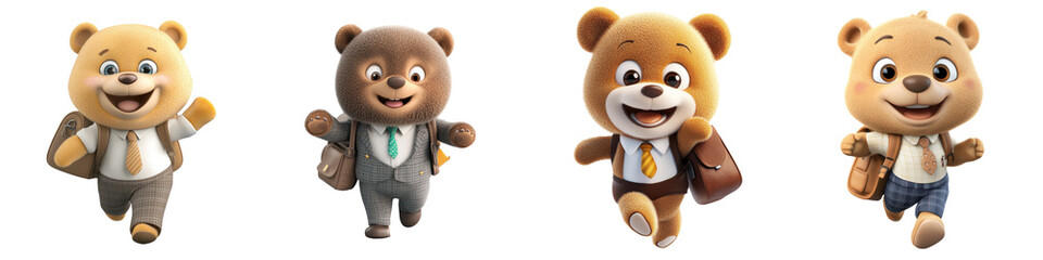 Cheerful cartoon bears in business attire joyfully walking forward