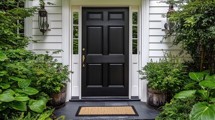 Charming Black Front Door Surrounded by Lush Greenery and Elegant Landscaping in a Cozy Residential Setting