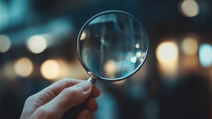 Hand holding magnifying glass focusing on blurred background, investigative concept, detail examination, selective focus, discovery, research, analysis.