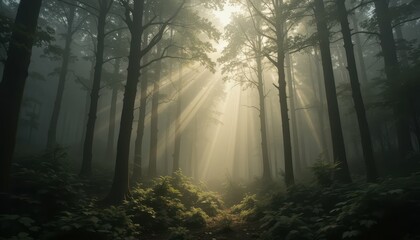 Obraz premium Misty Forest with Sunlight Rays Captured Through Tree Canopy