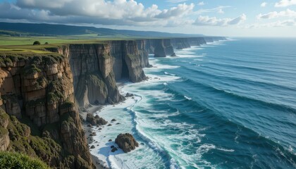 Stunning Coastal Cliffs and Waves Beneath a Bright Blue Sky
