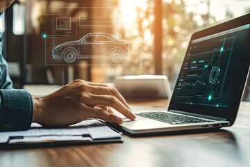 Modern car design & analysis software.  Hands interacting with a laptop displaying virtual car models and technical data.  Focus on digital car design and analysis