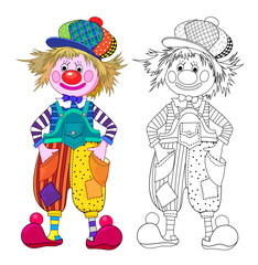 Drawing of a funny cute clown puppet. Colorful and black and white template for kids coloring book. Worksheet for children and adults. Hand drawn flat vector Illustration.
