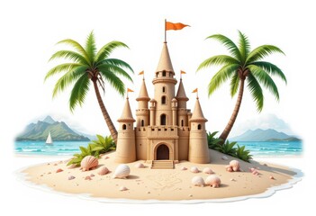  Island Sandcastle Paradise Exotic Beach Theme, 3D Illustration, PNG Cutout