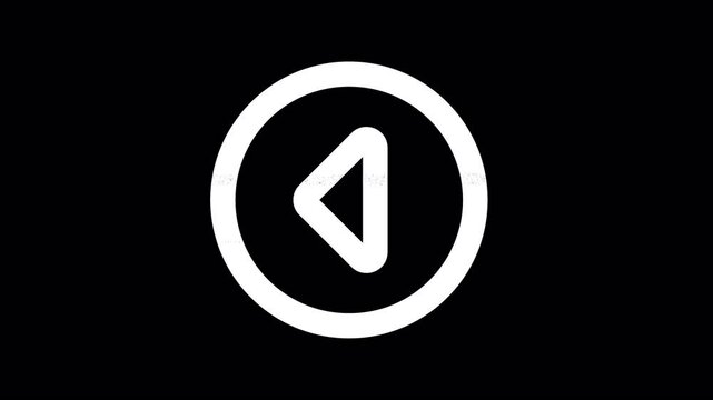 Icon caret circle left is distorted. Glitch. Noise, chromatic aberration, geometric distortion. Transparent background, looped. In-Out looped. Alpha BW at the end