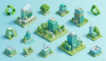  Isometric icons displaying recycling plants, green buildings, and other sustainable initiatives in a 3D perspective.
