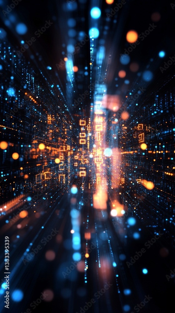 Poster futuristic digital data stream with abstract numbers and glowing elements in a vibrant backdrop