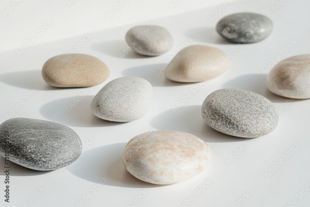 Poster minimalist arrangement of smooth river stones on a white surface with soft lighting and a neutral ae
