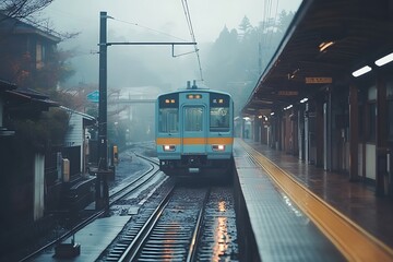 A blue train arriving at a misty station platform in Japan