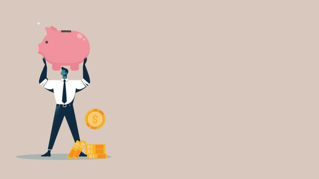 Smart Savings Strategy, A Businessman with a Piggy Bank and Coins Illustrating Financial Planning, Wealth Building, and Economic Growth