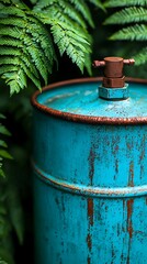 Obraz premium A vintage, rusted blue cylinder is partially hidden among lush green fern leaves, creating a striking contrast between nature and industrial elements.