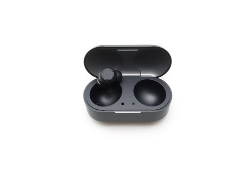 A pair of earbuds with a black case isolated on white Ai generated. - Powered by Adobe