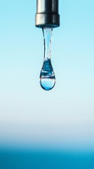 A close-up image of a water droplet hanging from a faucet, set against a soft blue gradient background.