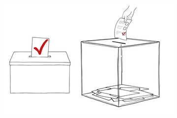 Election day vector illustration set painted by black inks. Plastic ballot boxes with voting papers clip art. Putting the choice sketch. Presidential election, candidate selection single line art.