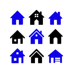 Set of home icons in black and blue isolated. Collection of house symbols with various styles isolated.