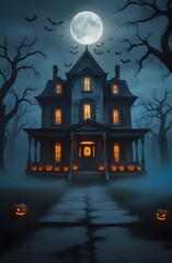 Eerie Halloween Night Scene with Jack-o’-Lanterns and Bats Flying Over Creepy Mansion

